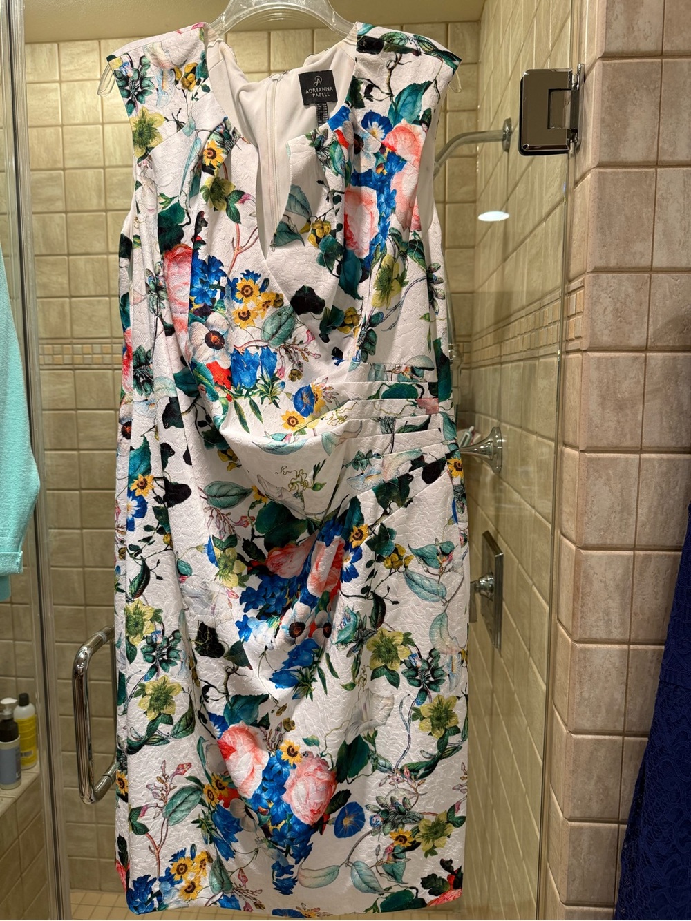Adrianna Papell White Floral Sheath Dress with Blue, Green & Pink Accents/Cardi